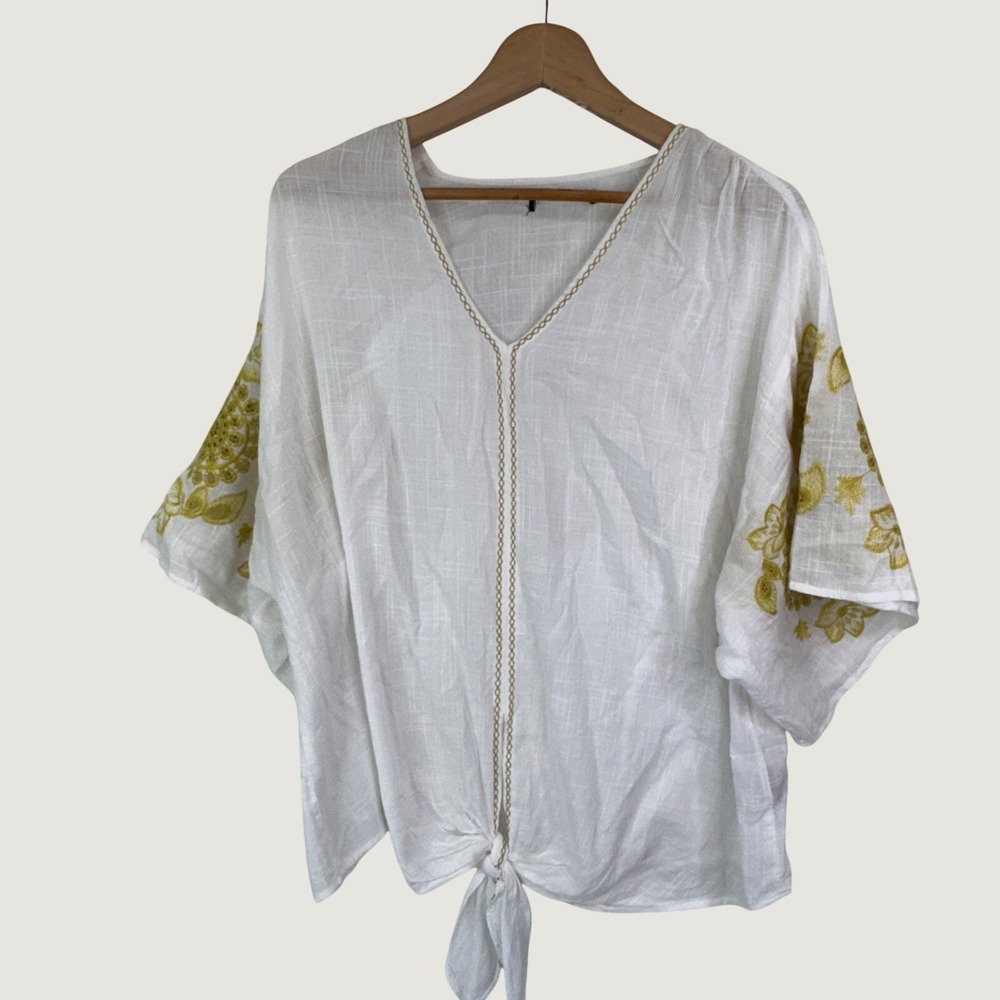 Max Edition Embroidered Tie Front Top Womens Large L White Boho Peasant Blouse